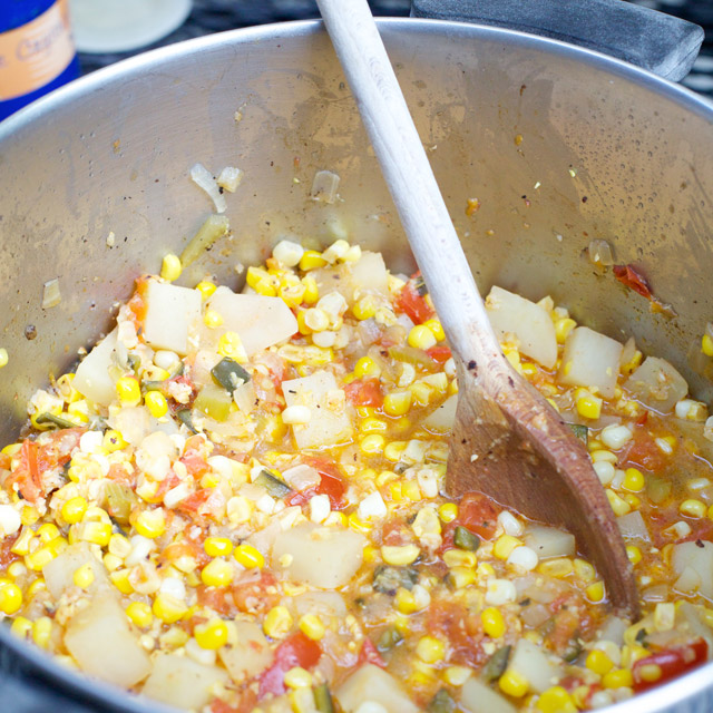 cooked vegetables for corn chowder