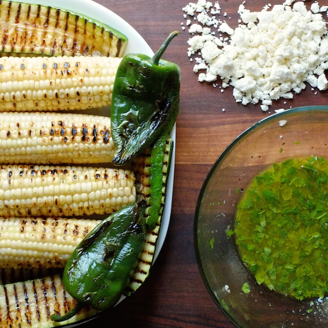 Corn and Zucchini Salad with Poblano, Feta, and Honey Lime Dressing