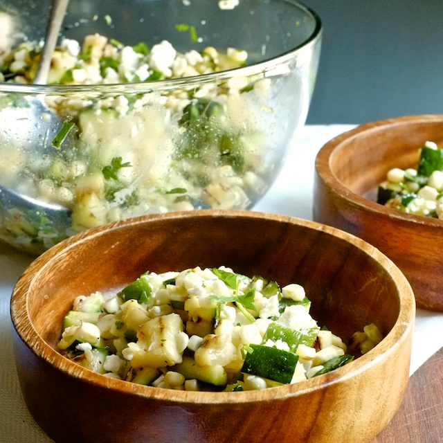 Corn and Zucchini Salad with Poblano, Feta, and Honey Lime Dressing