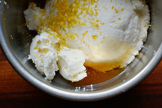 honey almond baked ricotta with goat cheese and lemon