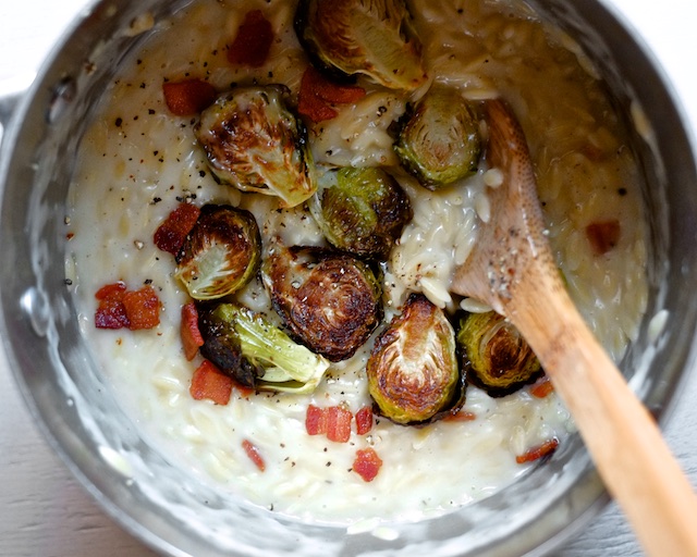 one pot orzotto with roasted brussels sprouts bacon and gruyere