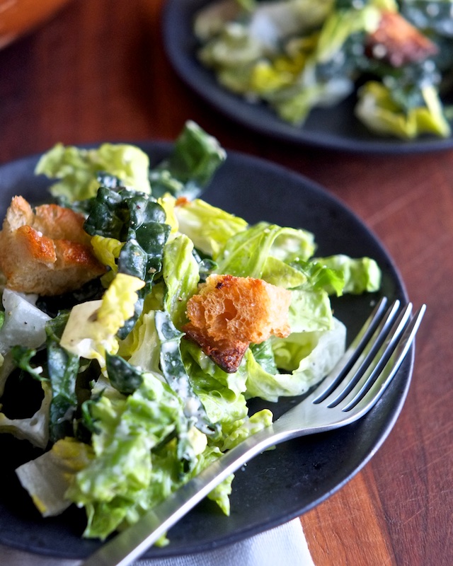 Kale and Romaine Salad with Shortcut Caesar Dressing