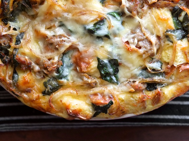 Breakfast Strata with Sausage, Spinach, and Gruyere