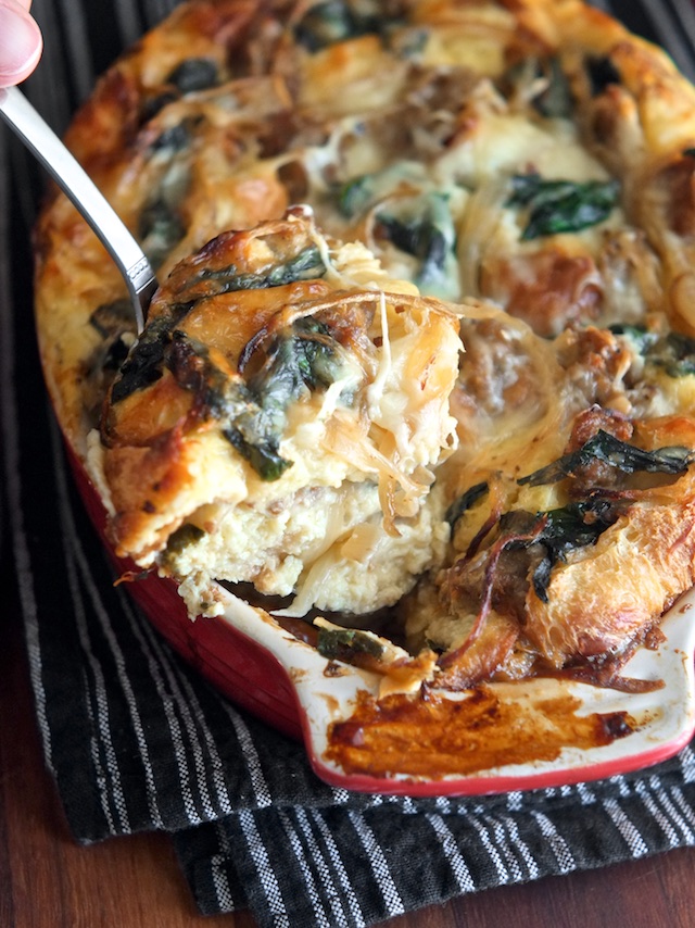 Breakfast Strata with Sausage, Spinach, and Gruyere