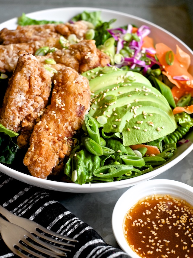 Japanese Fried Chicken Salad with Sesame Soy Dressing