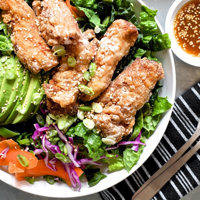 Japanese Fried Chicken Salad with Sesame Soy Dressing
