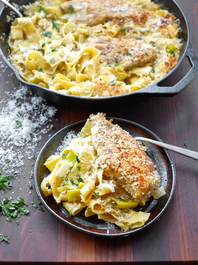 Braised Chicken and Leeks with Crunchy Panko Parmesan Pasta