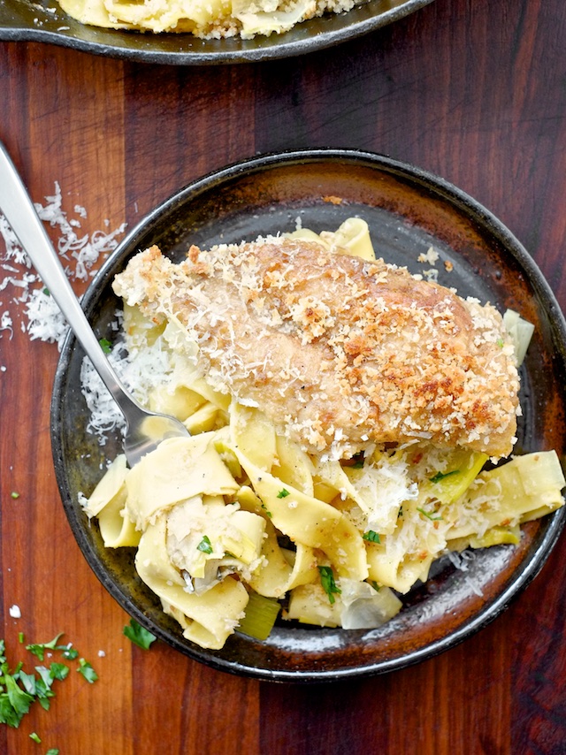 Braised Chicken and Leeks with Crunchy Panko Parmesan Pasta