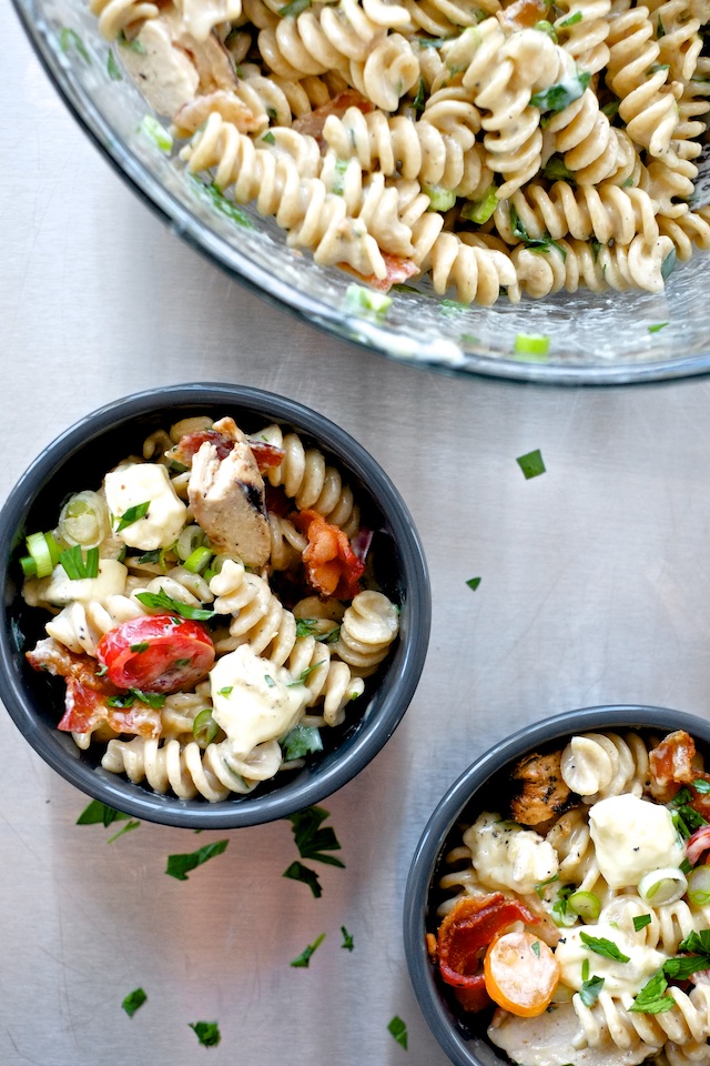 Whole-Wheat Pasta Salad with Honey Mustard Dressing, Brie, and Bacon